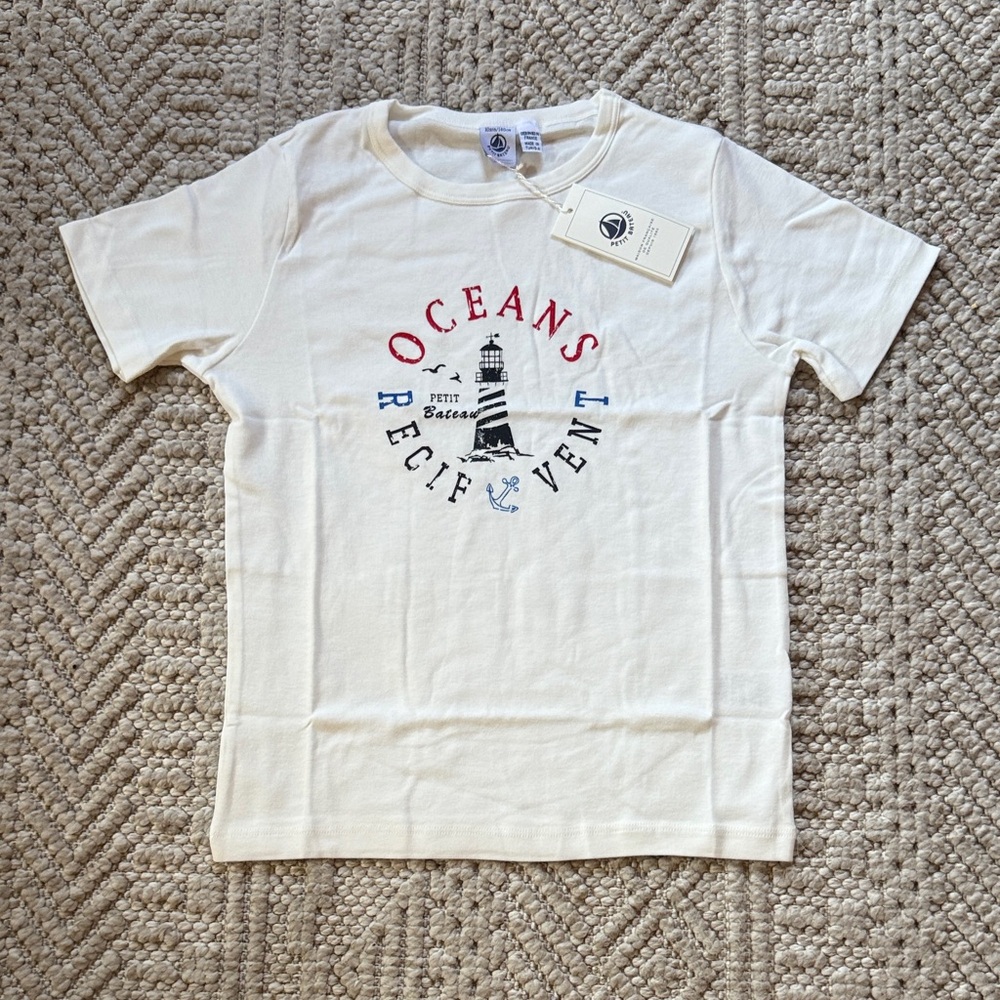Petit Bateau White Short-Sleeve Tee with Red & Navy Lighthouse Motiff